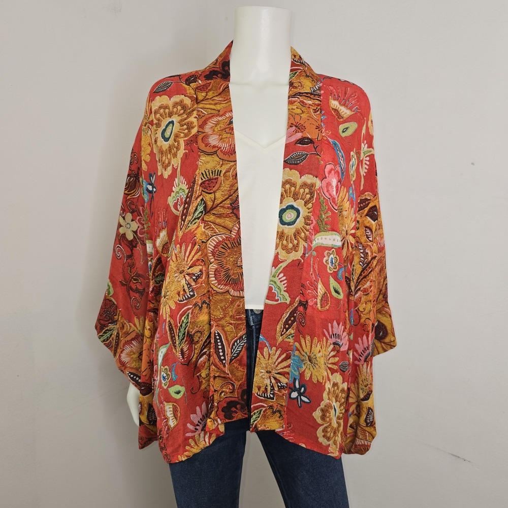 Chicos Floral Kimono Top Open Front Size S/M Bohemian 3/4 Slv Festival Western